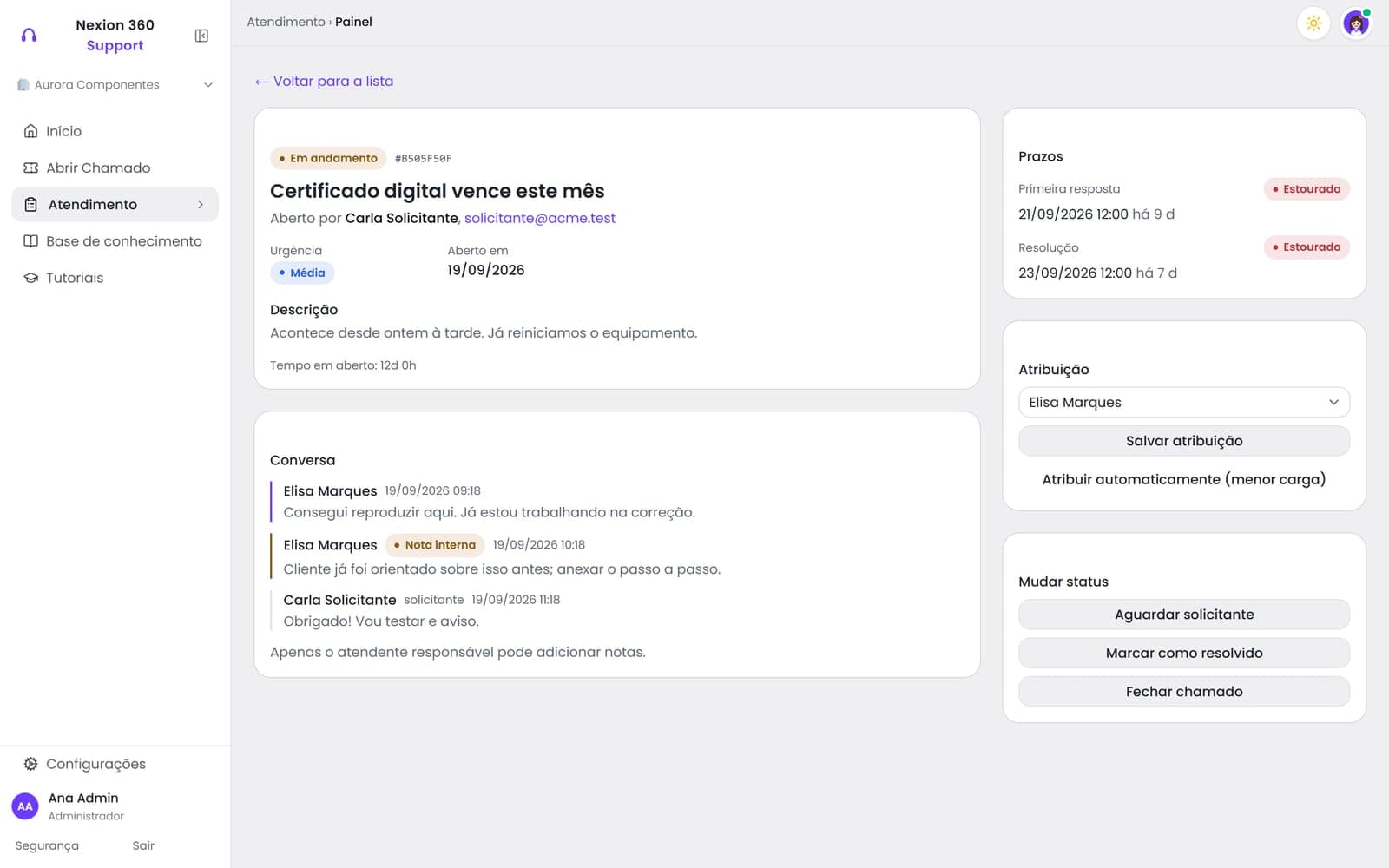 Tela Chamado do Support, com dados de uma empresa de demonstração
