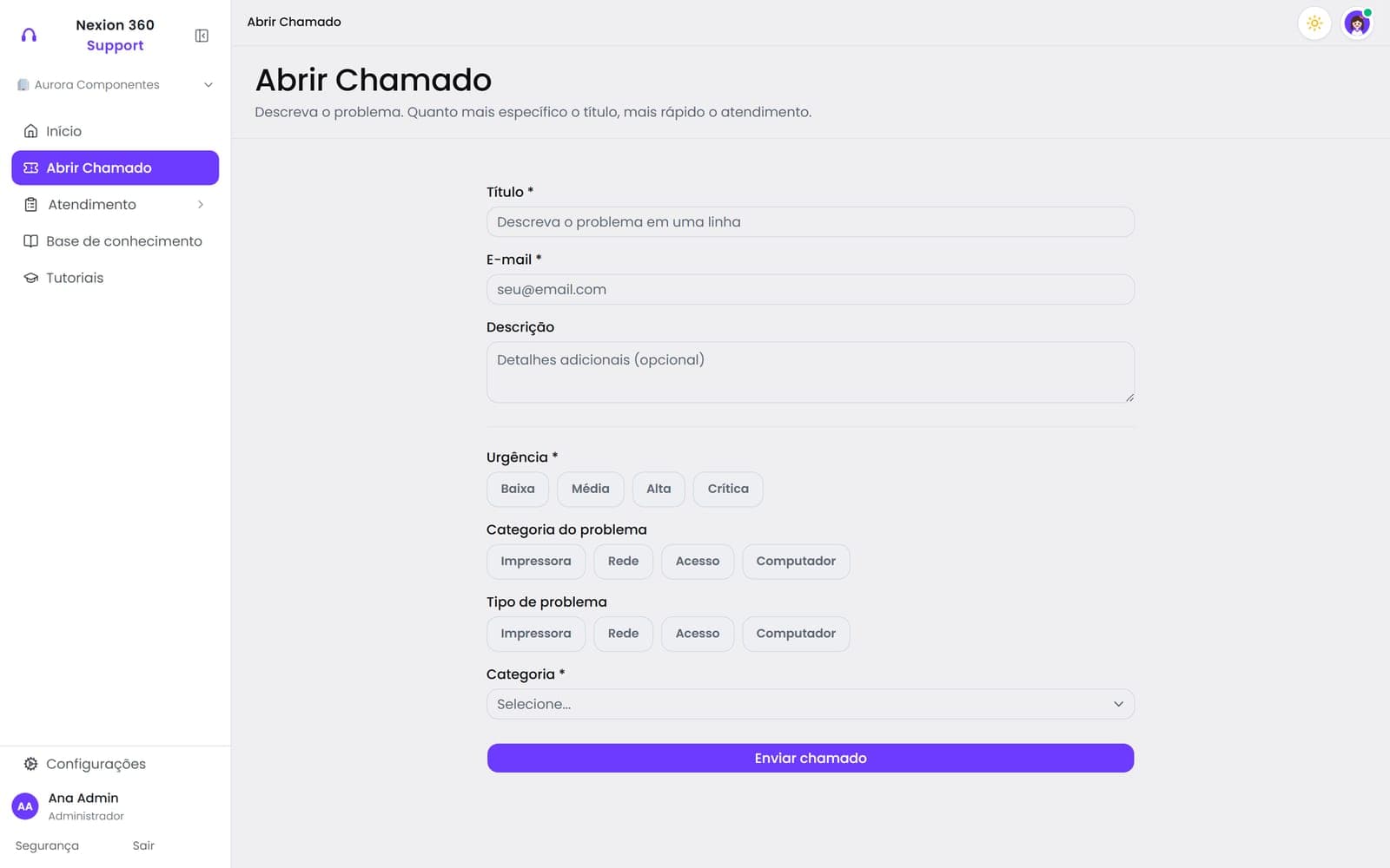 Tela Abrir chamado do Support, com dados de uma empresa de demonstração